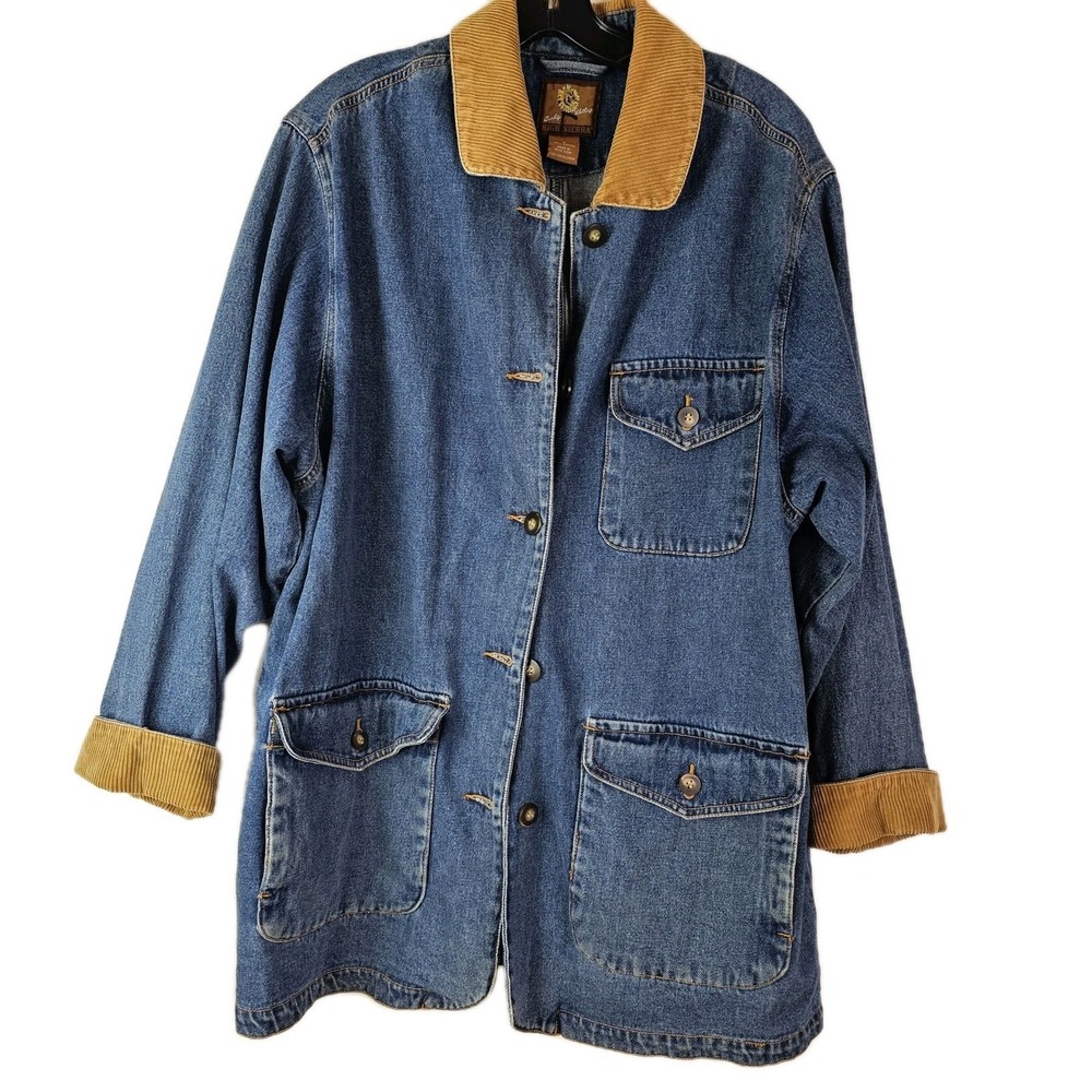 High Sierra Womens Blue Denim Jean Chore Barn Jacket Corduroy Trim Small Cotton